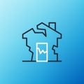 Line Ruined house icon isolated on blue background. Broken house. Derelict home. Abandoned home. Colorful outline