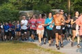 A line of runners racing a crowded 5K in a park on a summer evening