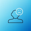 Line Sad and depressed man, bad mood icon isolated on blue background. Colorful outline concept. Vector Royalty Free Stock Photo