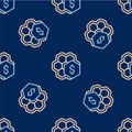 Line Sale of honeycomb icon isolated seamless pattern on blue background. Honey cells symbol. Sweet natural food. Vector Royalty Free Stock Photo