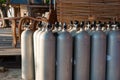 Line of scuba diving air tanks, selective focus Royalty Free Stock Photo