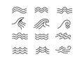 Line sea wave. Ocean water wavy elements, splashing blue storm waves isolated vector set