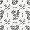 Line seamless pattern vector motorcycle classic bike v power motor, wrench. Legendary retro. Cartoon. Biker motoclub