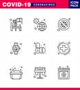 9 Line Set of corona virus epidemic icons. such as medical, beat, virus, signaling, no