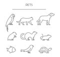 Line set of pets. Linear silhouettes animals isolated on white.