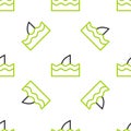 Line Shark fin in ocean wave icon isolated seamless pattern on white background. Vector Royalty Free Stock Photo