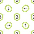 Line Shield with dollar symbol icon isolated seamless pattern on white background. Security shield protection. Money