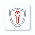 Line Shield with key icon isolated on white background. Protection and security concept. Safety badge icon. Privacy Royalty Free Stock Photo