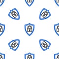 Line Shield security with lock icon isolated seamless pattern on white background. Protection, safety, password security Royalty Free Stock Photo