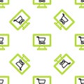 Line Shopping cart on screen computer icon isolated seamless pattern on white background. Concept e-commerce, e-business Royalty Free Stock Photo