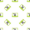 Line Shopping cart on screen laptop icon isolated seamless pattern on white background. Concept e-commerce, e-business Royalty Free Stock Photo