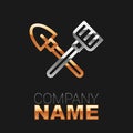 Line Shovel and rake icon isolated on black background. Tool for horticulture, agriculture, gardening, farming. Ground Royalty Free Stock Photo