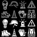 Line and silhouettes personal protective equipment icons set on black background Royalty Free Stock Photo