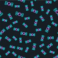 Line Silicone ball gag with a leather belt icon isolated seamless pattern on black background. Fetish accessory. Sex toy