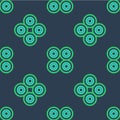 Line Skateboard wheel icon isolated seamless pattern on blue background. Skate wheel. Vector