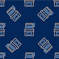 Line Slot machine icon isolated seamless pattern on blue background. Vector