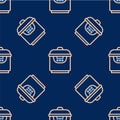 Line Slow cooker icon isolated seamless pattern on blue background. Electric pan. Vector Royalty Free Stock Photo