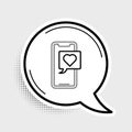 Line Smartphone with heart emoji speech bubble get message on screen icon isolated on grey background. Valentines day Royalty Free Stock Photo