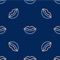 Line Smiling lips icon isolated seamless pattern on blue background. Smile symbol. Vector