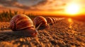 A line of snails are lined up in a row on the ground, AI Royalty Free Stock Photo
