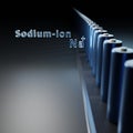 The line of Sodium-ion batteries in a dark background- 3D render