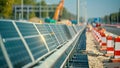 A line of solar panels positioned beside a road, harnessing the power of the sun to generate renewable energy, A highway under