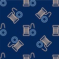 Line Spinning reel for fishing icon isolated seamless pattern on blue background. Fishing coil. Fishing tackle. Vector