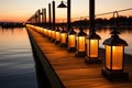 a line of standing lanterns on a pier