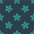 Line Starfish icon isolated seamless pattern on blue background. Vector Royalty Free Stock Photo
