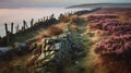 Misty Morning: Stone Fence And Purple Grass On English Moors