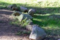 Line of stones next to the path in Tyrebagger Woods Royalty Free Stock Photo