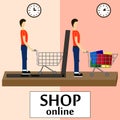 On line store. Sale, Laptop with awning, men buying stuff with laptop, shop at home Royalty Free Stock Photo