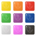 Line style anchor icons set 9 colors isolated on white. Collection of glossy square colorful buttons. Vector illustration for any Royalty Free Stock Photo