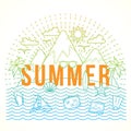 Line Style Flat Vector Color Summer Illustration with Isle, Ocean, Mountains, Palmtrees, Shell, Yacht and Travel Icons. Royalty Free Stock Photo