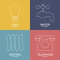 Line style icons of utilities. Symbols of light, water, heating, telephone. Clean and modern vector illustration for design, web. Royalty Free Stock Photo