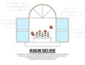 Line style illustration of opened window with flower pot