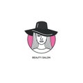 Line style logotype template with girl in hat. Beauty symbol.