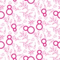 Line style pink on white floral March 8 seamless pattern.