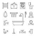 Line style plumbing icons. Thin line signs for plumbing service. Bathroom pattern with outline signs