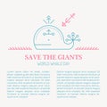 Line style sea whale - save the giants vector illustration. Royalty Free Stock Photo