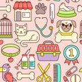 Line style seamless vector illustration with pets icons. Linear vet pattern on white. Line style veterinarian background. G