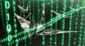 Origami Cranes Flying Through Digital Binary Code Matrix - Technology and Innovation Concept Royalty Free Stock Photo