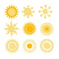 Line sun icons collection with decorative elements vector isolated on white background. Hot weather suns vector Royalty Free Stock Photo