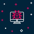 Line System bug on monitor icon isolated on blue background. Code bug concept. Bug in the system. Bug searching Royalty Free Stock Photo
