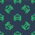 Line Taxi car icon isolated seamless pattern on blue background. Vector