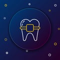 Line Teeth with braces icon isolated on blue background. Alignment of bite of teeth, dental row with with braces. Dental