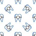 Line Teeth with braces icon isolated seamless pattern on white background. Alignment of bite of teeth, dental row with