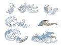 Line Thai wave tattoo.Japanese wave vector set and thai style.Outline Japanese wave dawn from Line Thai style. Royalty Free Stock Photo