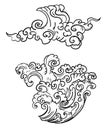 Line Thai wave tattoo.Japanese wave vector set and thai style.Outline Japanese wave dawn from Line Thai style. Royalty Free Stock Photo