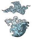 Line Thai wave tattoo.Japanese wave vector set and thai style.Outline Japanese wave dawn from Line Thai style. Royalty Free Stock Photo